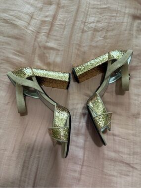 Prada Gold Glitter Suede Ankle-Strap Block Heels